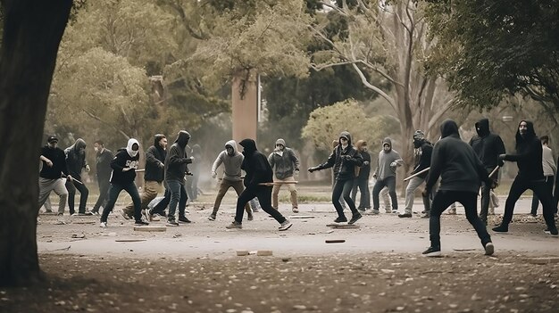 Foto vandali nel parco cittadino con un gruppo di teppisti che combattono