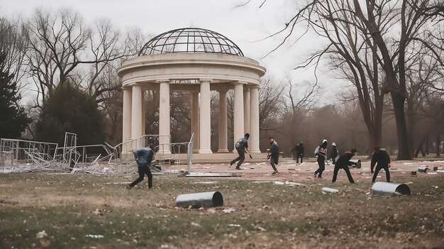 Photo vandals in city park with group of hooligan fighting