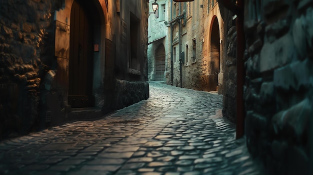 Foto vang de betovering van een verleden tijdperk met dit boeiende beeld van een smalle geplaveide steeg in een oude stad gebadend in het warme avondlicht mysterieuze schaduwen dansen langs de oude