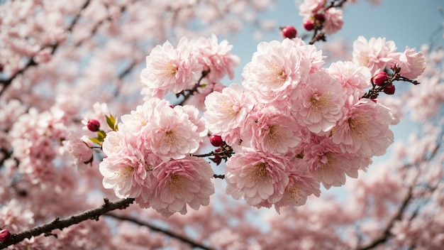 Vang de essentie van de vluchtige schoonheid van Japanse kersenbomen in volle bloei tegen een serene