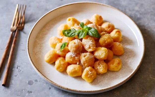 Foto vang de essentie van gnocchi in een smakelijke foodfotografie