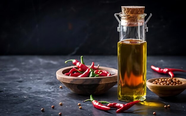 Foto vang de essentie van hot chili oil in een smakelijke foodfotografie.