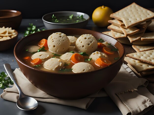 Vang de essentie van Matzo Ball Soup in een smakelijke foodfotografie