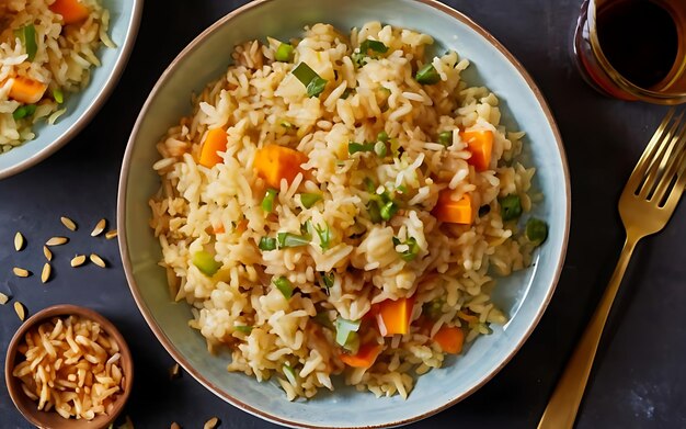 Vang de essentie van Rice Pilaf in een smakelijke foodfotografie