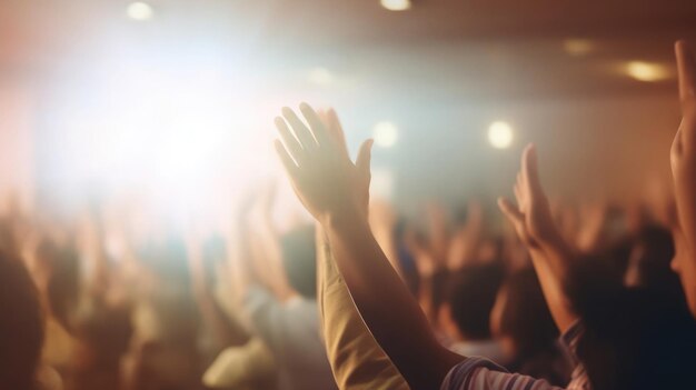 Vang de essentie van spirituele toewijding met een zachte afbeelding van christelijke aanbidding met de nadruk op opgeheven handen in een moment van diepe eerbied en gebed