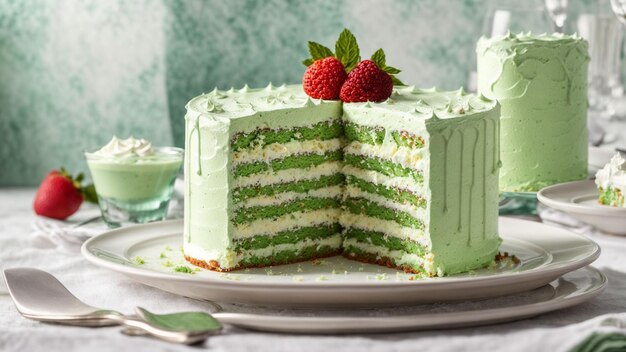 Vang de genot vertoon de onweerstaanbare lagen van een groene room taart op een ongerepte witte