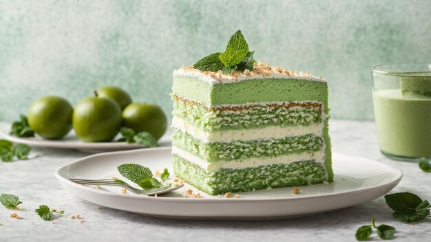 Vang de genot vertoon de onweerstaanbare lagen van een groene room taart op een ongerepte witte