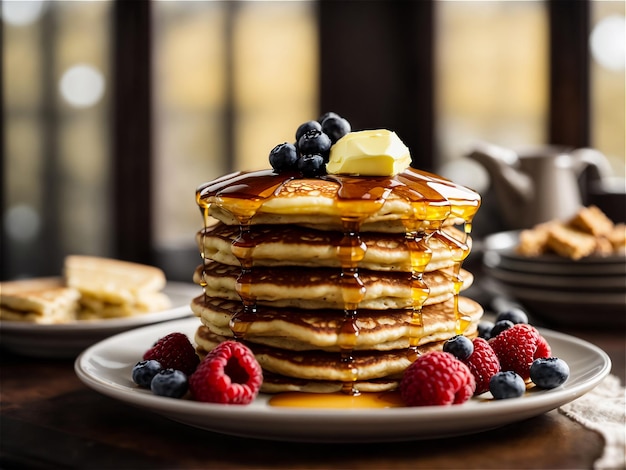 Vang de schoonheid van een klassiek Amerikaans ontbijt met een 8K beeld van pluizige pannenkoeken gestapeld hoog