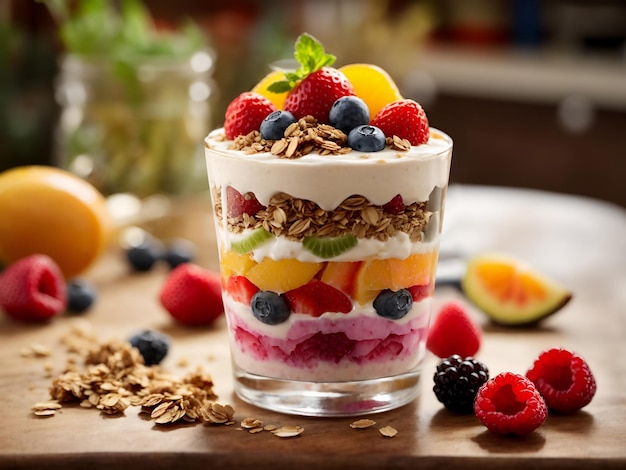 Vang de schoonheid van een kleurrijke en verfrissende fruit parfait met lagen yoghurt granola en een