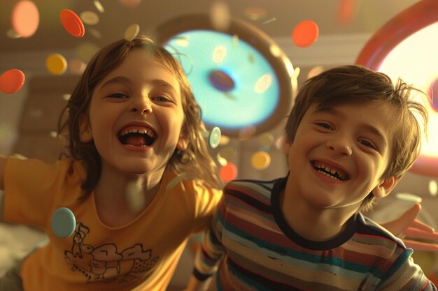 Foto vang het gelach van kinderen met speelgoed frisbees oct