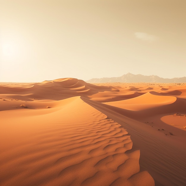 Foto vangt de essentie van een woestijn middag waar de zon werpt zijn warme gloed over de eindeloze zand