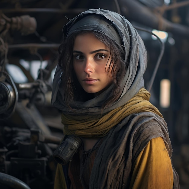 The Vanguard Vision Embracing a Futuristic Pashtun Woman in an Indoor Industrial Background