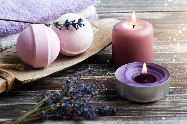 Vanilla aroma bath bombs in spa composition with dry lavender flower