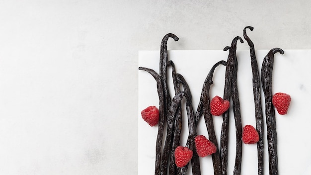 Photo vanilla beans with raspberries on gray background