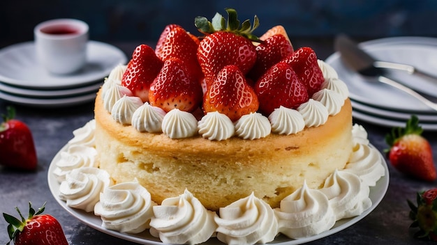 Vanilla cake dessert with strawberry on top