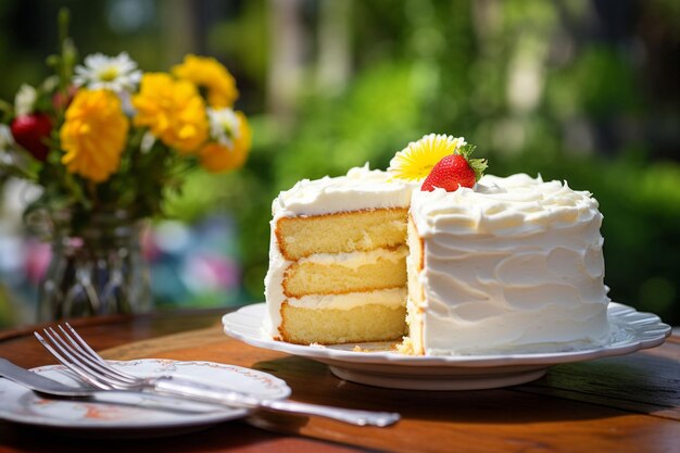 写真 熱いお茶を飲みながら味わっているスライス付きのバニラケーキ