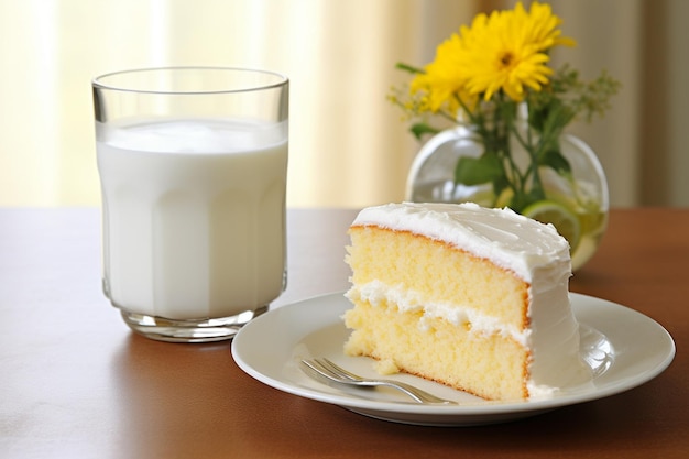 写真 熱いお茶を飲みながら味わっているスライス付きのバニラケーキ