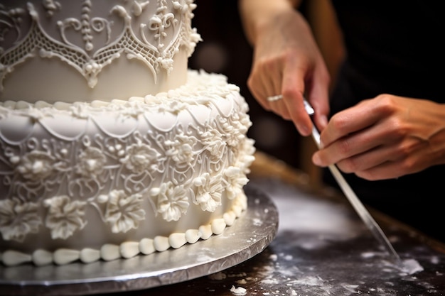 Photo vanilla cake with layers of vanilla custard being assembled