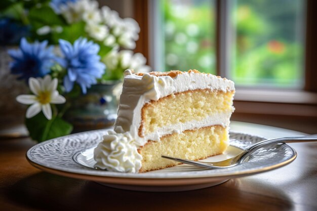 Vanilla cake with a slice being enjoyed with a cup of hot tea