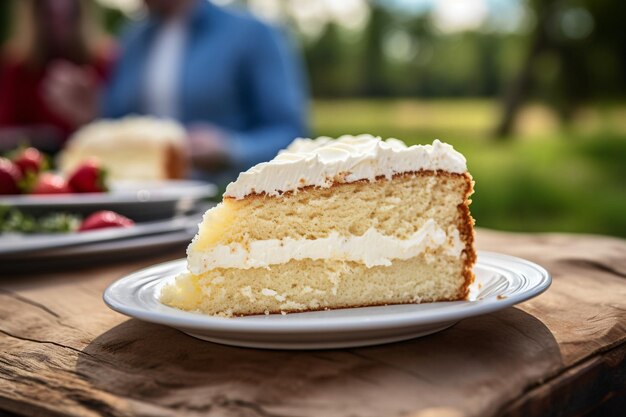 Foto torta di vaniglia con una fetta che si gode con una tazza di tè caldo