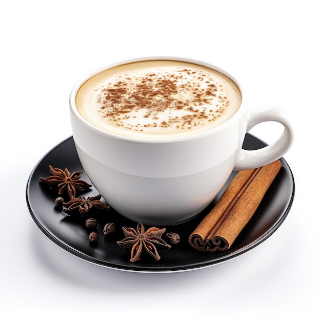 Vanilla chai latte in a black cup isolated on white background