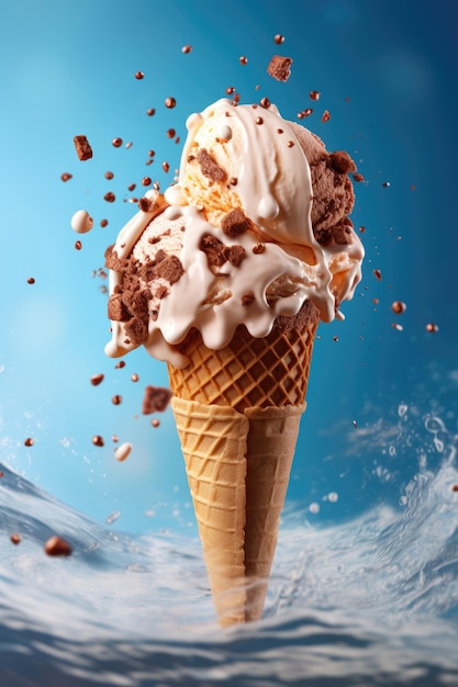 vanilla and chocolate ice cream in cone in the air on dark blue background