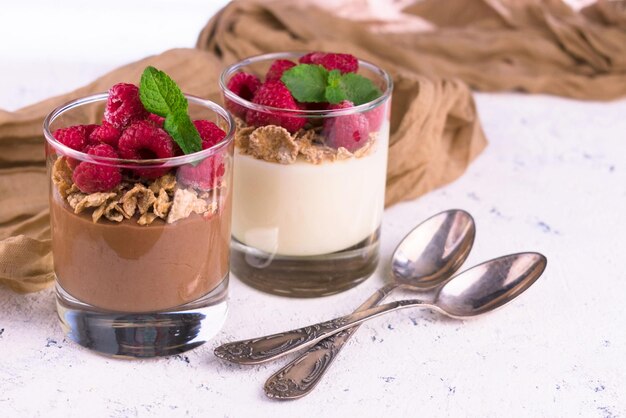 Vanilla and chocolate puddings in glasses on a white plate Closeup