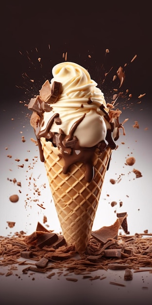 Photo vanilla and chocolate sauce ice cream cone on dark background with chocolate bits on the ground