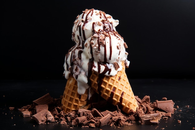 Vanilla and chocolate soft ice cream waffled cone