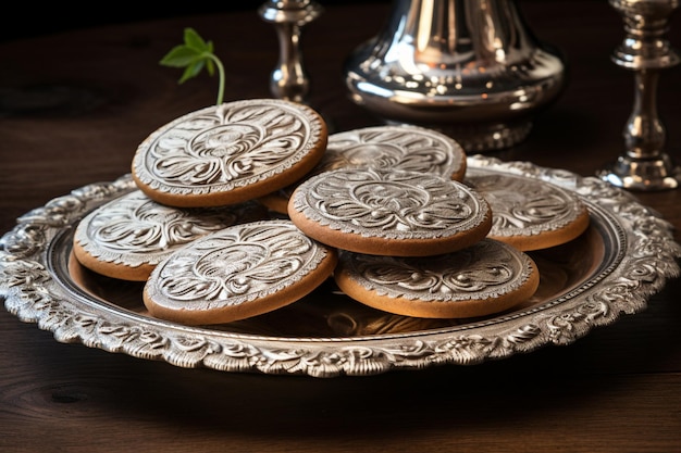 写真 複雑 な フィリグレー を 付ける 銀 の トレイ に 置か れ た ヴァニラ の クッキー