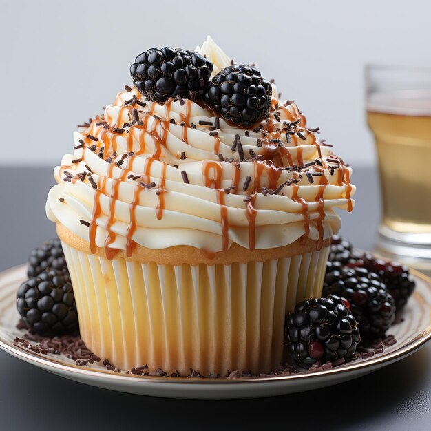 Vanilla cupcake with blackberry syrup on top sprinkles white background