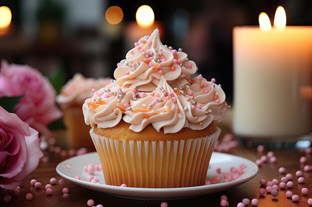 Vanilla Cupcake with pink topping and bright plaid towel candles generative IA