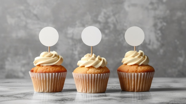 Photo vanilla cupcakes with blank topper mockup display