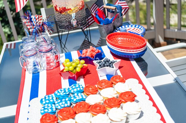 Vanilla cupcakes with red, blue, and white icing shaped in an American flag.