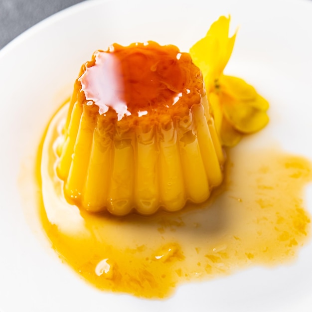 vanilla flan caramel sauce sweet dessert cream caramel meal food snack on the table copy space