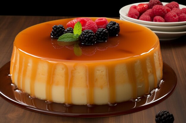 Vanilla flan with toppings on a black slab