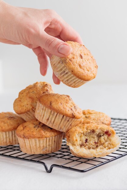 Vanilla fresh baked muffins on a white table