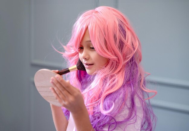 Vanilla Girl Kawaii vibes Barbie style Candy colors design little girl with pink hair does makeup