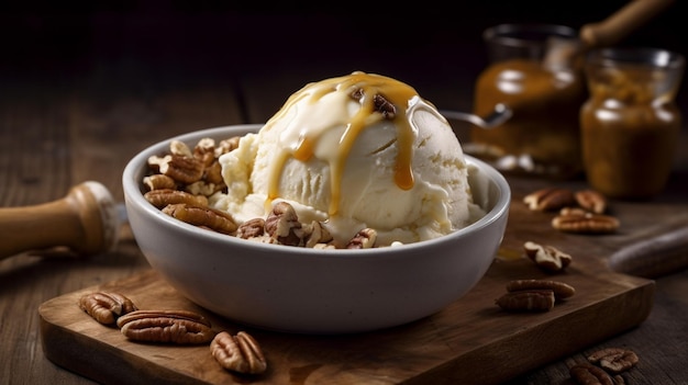 Vanilla ice cream caramel sauces crowned with pecans Generative AI image