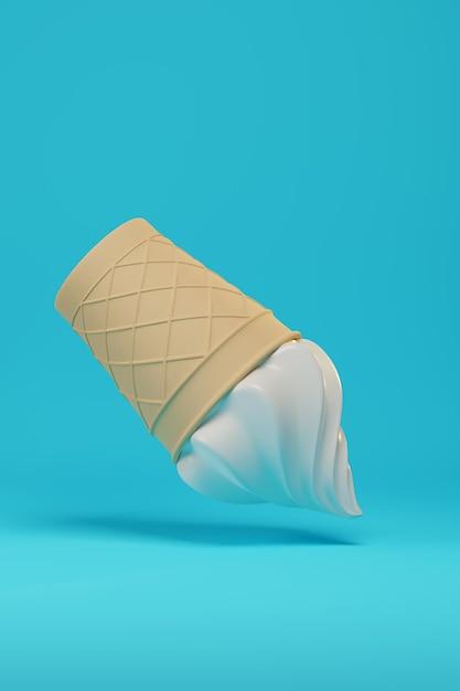 Vanilla ice cream cone falling to the ground 3d illustration