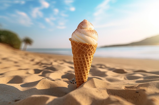 Vanilla Ice Cream Cone on the Sand Generative AI