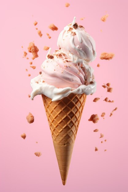 vanilla ice cream in cone with flying ingredients in the air on pink pastel background
