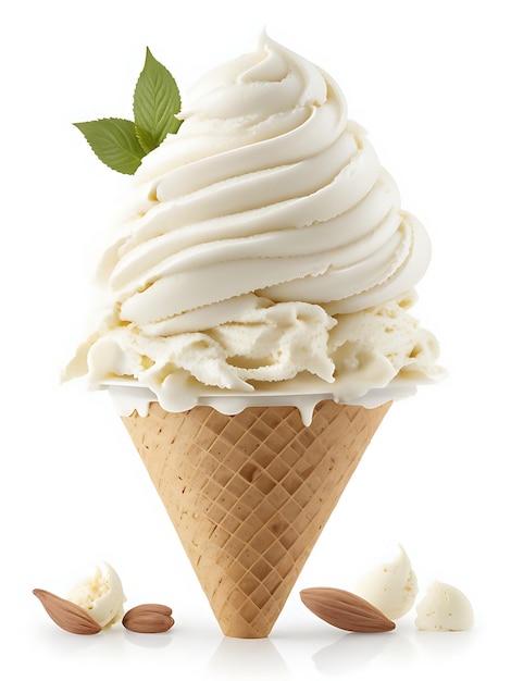 Photo a vanilla ice cream cone with a green leaf on top ai generated