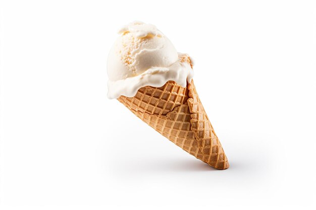 A vanilla ice cream cone with a white background