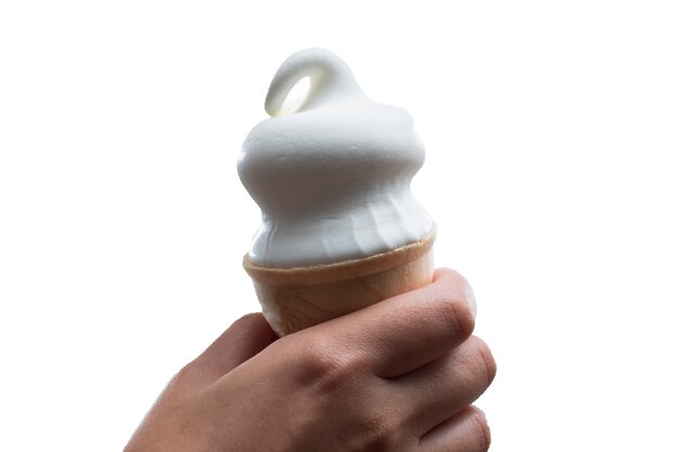 Vanilla ice cream cone in young lady's hand on white with clipping path included.