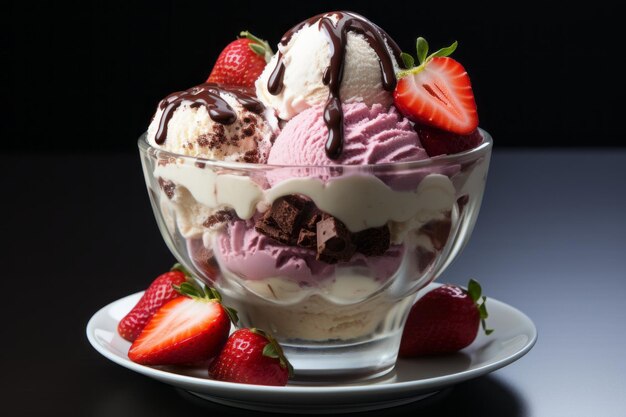 Vanilla ice cream in a glass topped with strawberries