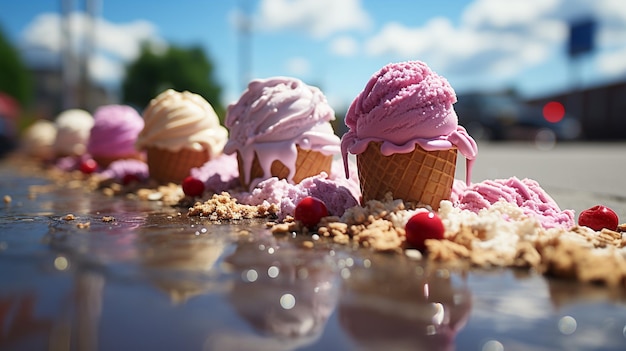 写真 バニラアイスクリーム 歩道のアスファルト 夏の暑さで ゲネレーティブ・アイ