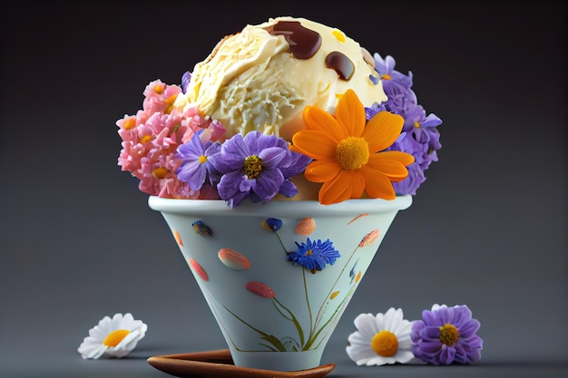 Vanilla ice cream scoop with edible flowers pansy Summer food concept Generative Ai