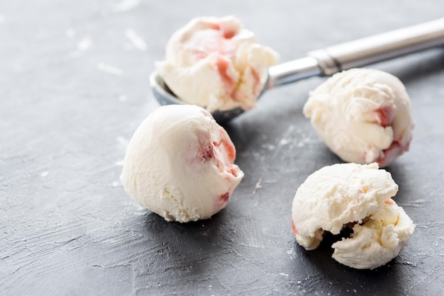 Vanilla ice cream scoops copy space vanilla ice cream balls on background