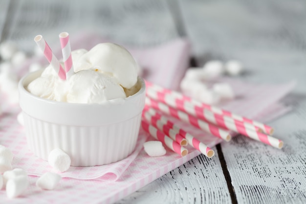 Vanilla ice-cream scoops in white cup on wooden background